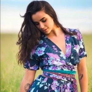 Anthropologie Jasse Purple Haze floral print drawstring maxi dress